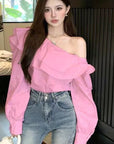 Women's Ruffled Off-the-shoulder Long Sleeve Design Elegant Socialite Shirt