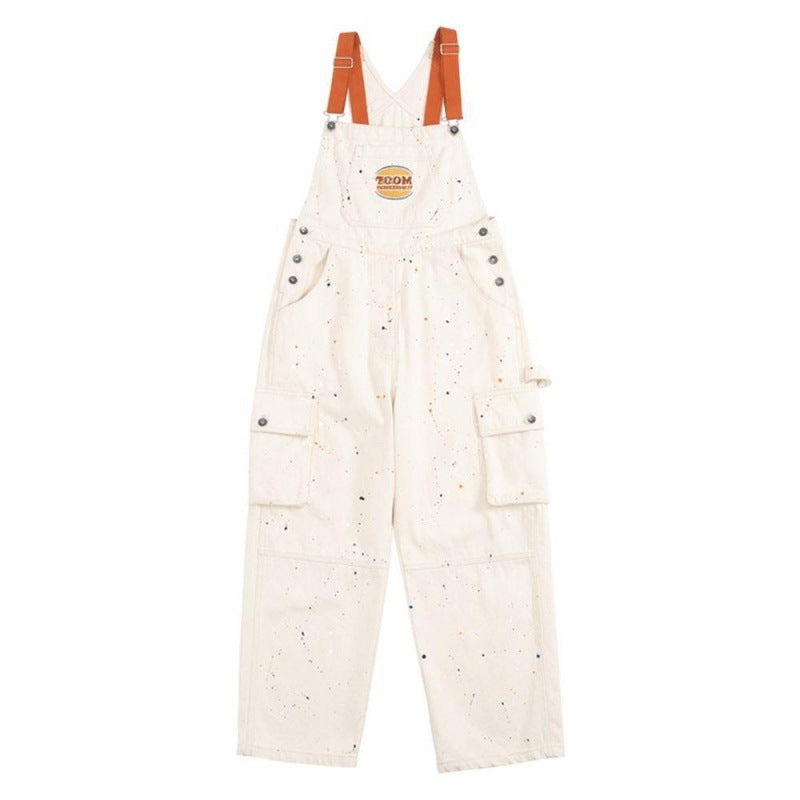 Fashion Brand Embroidery Splash-ink Khaki Denim Suspender Pants For Women