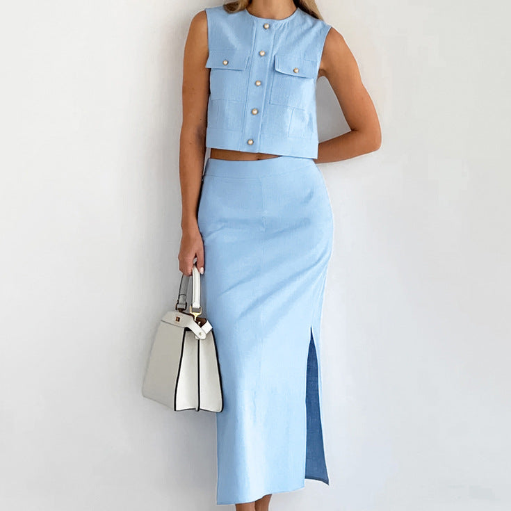 Slim Fit Sleeveless Top Straight Skirt Suit