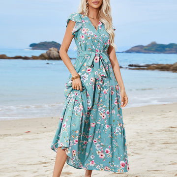 European And American Printed Waist Girdling Band V-neck Dress Bohemian Holiday Beach Dress