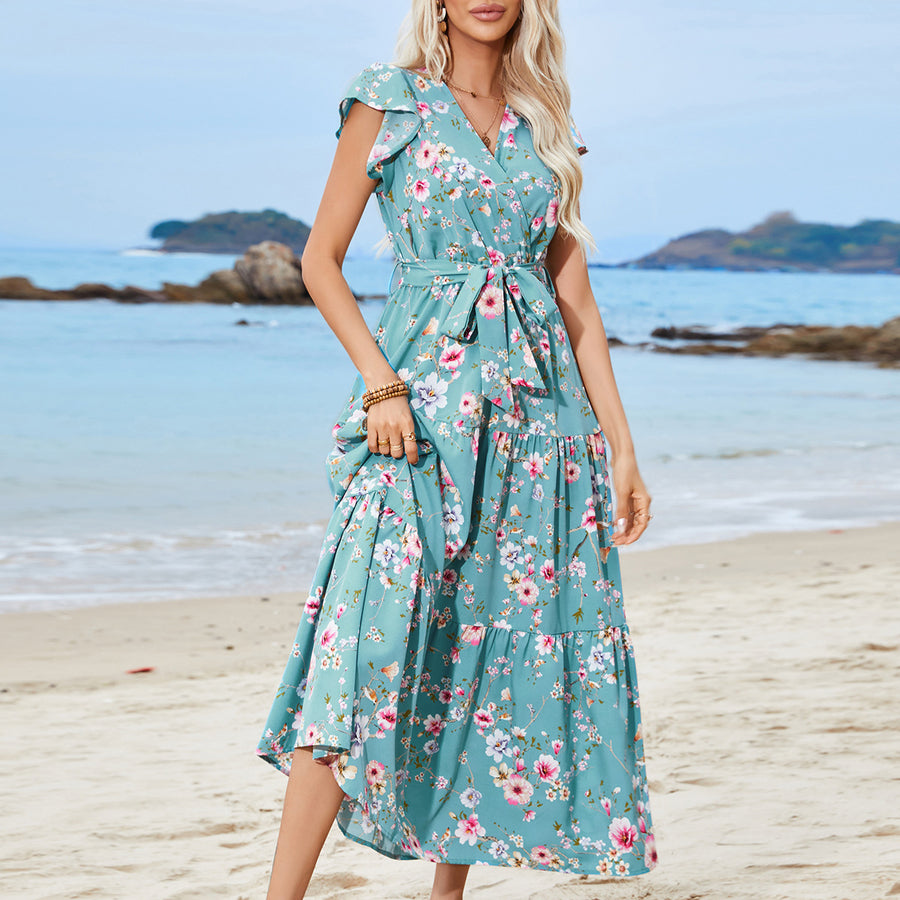 European And American Printed Waist Girdling Band V-neck Dress Bohemian Holiday Beach Dress