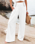 Casual Elastic High Waist Women's Cotton Linen Wide Leg Pants