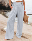 Casual Elastic High Waist Women's Cotton Linen Wide Leg Pants