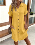 Summer Short Sleeve Shirt Dress Fashion Solid Color Single-breasted Mid-length Loose Dress