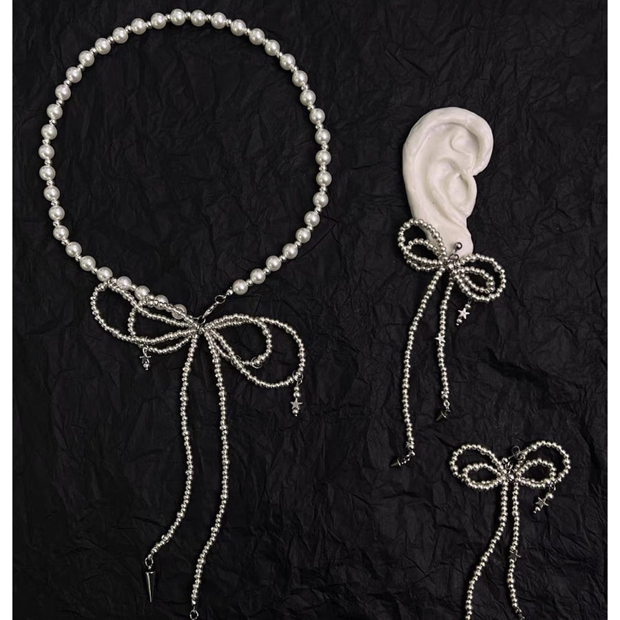 Bow Pearl Strap Necklace and Earrings