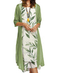 Women's Dress Two-piece Set Flowers And Plants Printed Round Neck Dress And Coat