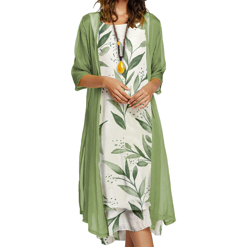 Women's Dress Two-piece Set Flowers And Plants Printed Round Neck Dress And Coat