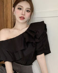 Women's Ruffled Off-the-shoulder Long Sleeve Design Elegant Socialite Shirt