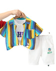 Boys' Color Stripes Lapel Shirt Short Sleeve Three-piece Suit