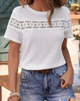 Women's Fashion Casual Rose Embroidery Lace Solid Color Crew Neck T-shirt Top