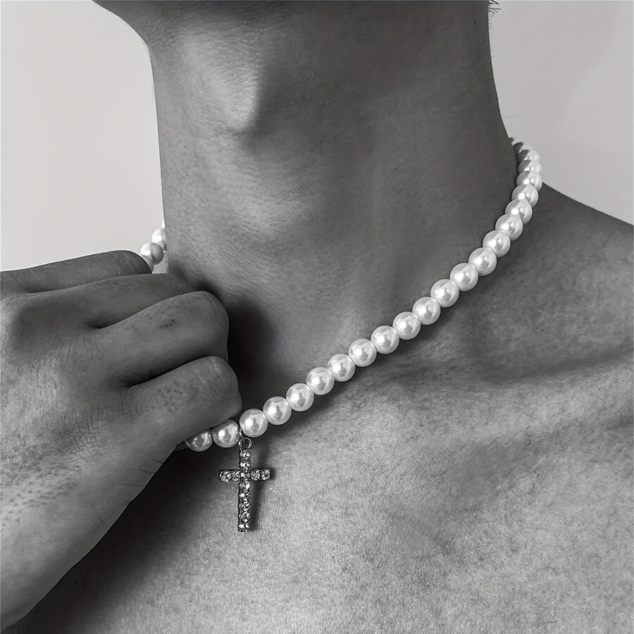 Retro Easy Matching Imitation Pearl Diamond Cross Men's Pendant Necklace