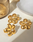 Fashion 18K Gold Stainless Steel Brushed Flower Rhinestone Earrings