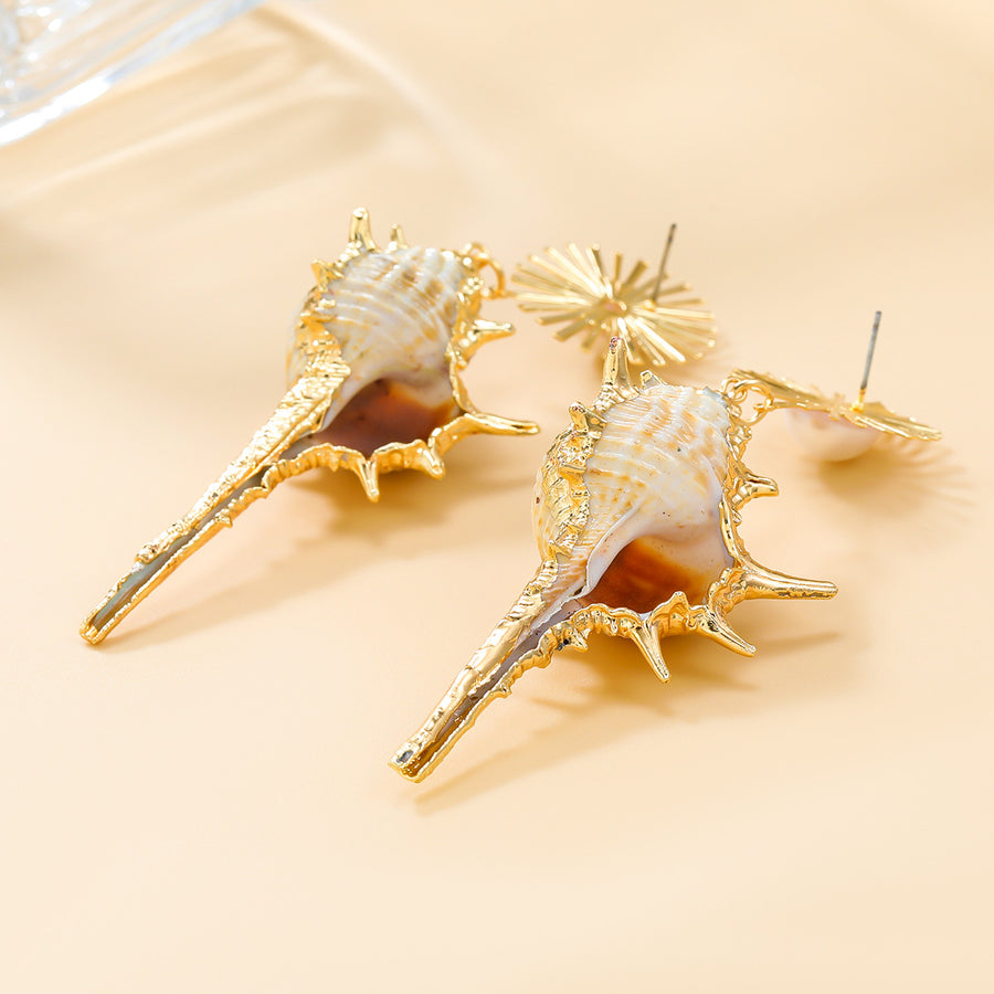 Conch Earrings European And American Exaggerated Alloy Inlaid Pearl SUNFLOWER Bohemian Style Ornament