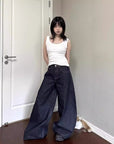 American High Street Vibe Dark Blue Jeans Washed Loose High Waist Straight Mopping Pants