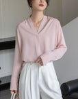 Korean Style Versatile V-neck Long Sleeve Satin Blouse Women's Tops