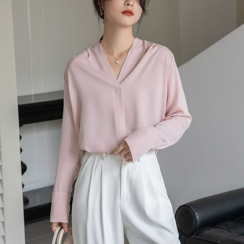 Korean Style Versatile V-neck Long Sleeve Satin Blouse Women's Tops