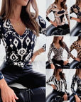 Simplicity Long Sleeve V-neck Leopard Print Printed Women's Top T-shirt