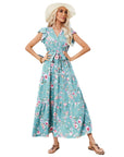 European And American Printed Waist Girdling Band V-neck Dress Bohemian Holiday Beach Dress