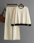 Contrast Color Round Neck Knitwear Wide Leg Pants Two-piece Set For Women