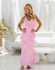 European And American Multi-layer Wooden Ear Backless Halter Long Dress