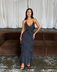 European And American Multi-layer Wooden Ear Backless Halter Long Dress