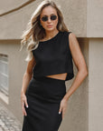 Women's Commuter Black Cotton Linen Vest Fishtail Skirt Two-piece Set