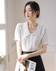 French Style White Short-sleeved Chiffon Shirt With Doll Collar Retro Lantern Sleeve