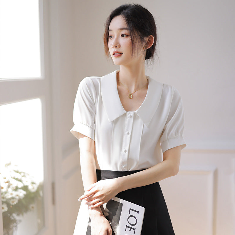 French Style White Short-sleeved Chiffon Shirt With Doll Collar Retro Lantern Sleeve