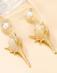 Conch Earrings European And American Exaggerated Alloy Inlaid Pearl SUNFLOWER Bohemian Style Ornament