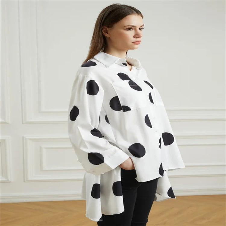 Long Sleeve Polka Dot Chiffon Temperament Commute White Lapel Shirt