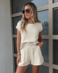 Women's Khaki Cotton And Linen Drop-shoulder Sleeve Vest Shorts Two-piece Set