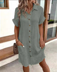 Summer Short Sleeve Shirt Dress Fashion Solid Color Single-breasted Mid-length Loose Dress