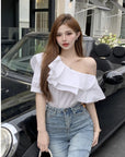 Women's Ruffled Off-the-shoulder Long Sleeve Design Elegant Socialite Shirt