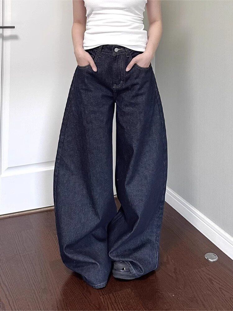 American High Street Vibe Dark Blue Jeans Washed Loose High Waist Straight Mopping Pants