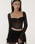 Sexy Low Cut Bell Sleeve Lace Midriff-baring Top Pleated Skirt Two-piece Set