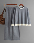 Contrast Color Round Neck Knitwear Wide Leg Pants Two-piece Set For Women