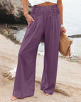 Casual Elastic High Waist Women's Cotton Linen Wide Leg Pants