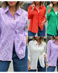 Women's Solid Color Loose Embroidered Hollow Shirt Top