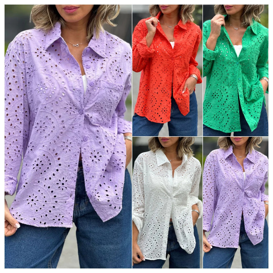 Women's Solid Color Loose Embroidered Hollow Shirt Top