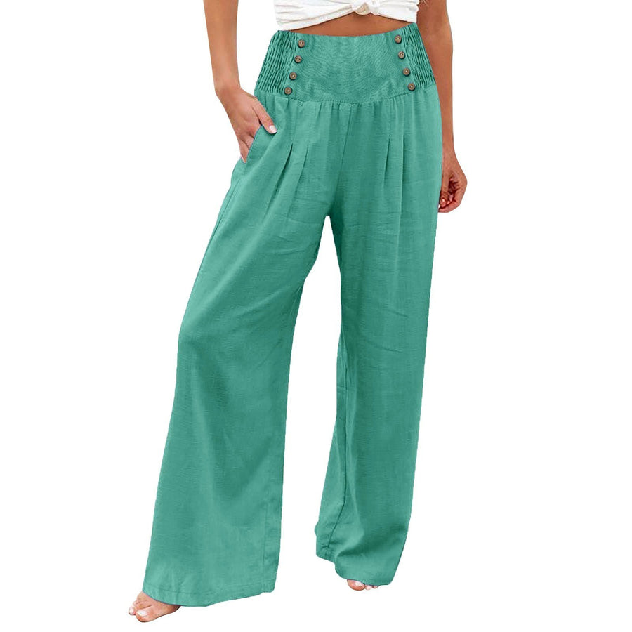 Casual Elastic High Waist Women's Cotton Linen Wide Leg Pants