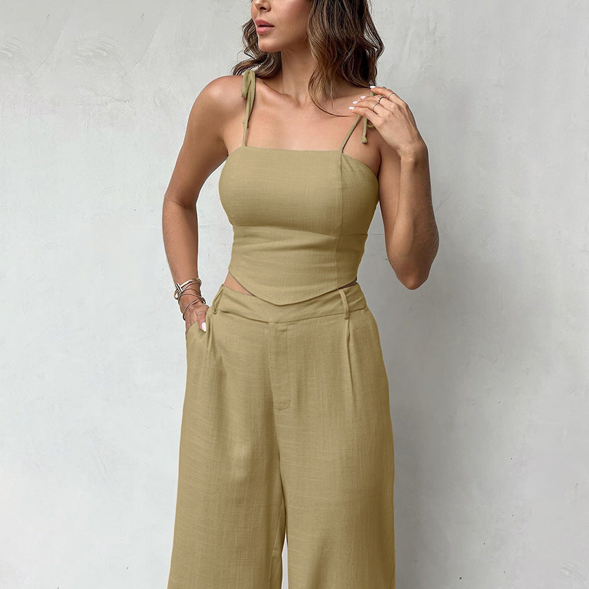 Fashion Cotton And Linen Short Vest Pants Two-piece Set