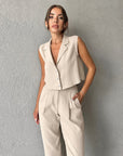 Women's Khaki Cotton And Linen Sleeveless Vest Trousers Two-piece Set