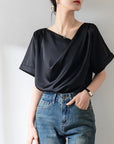 French Sexy V-neck Short-sleeved Shirt Women's Design Niche Temperament Drape Chiffon Shirt