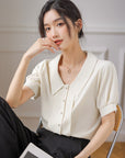 French Style White Short-sleeved Chiffon Shirt With Doll Collar Retro Lantern Sleeve