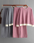 Contrast Color Round Neck Knitwear Wide Leg Pants Two-piece Set For Women