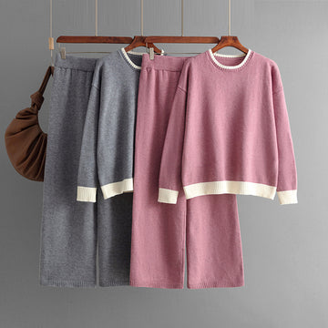 Contrast Color Round Neck Knitwear Wide Leg Pants Two-piece Set For Women