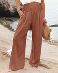 Casual Elastic High Waist Women's Cotton Linen Wide Leg Pants