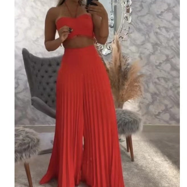 Spring New Solid Color Short Vest High Waist Pleated Long Skirt Suit