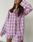 Casual Loose Plaid Shirt Shorts Suit