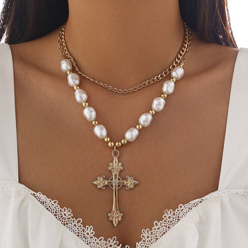 Fashion Cross Pearl Necklace Suit